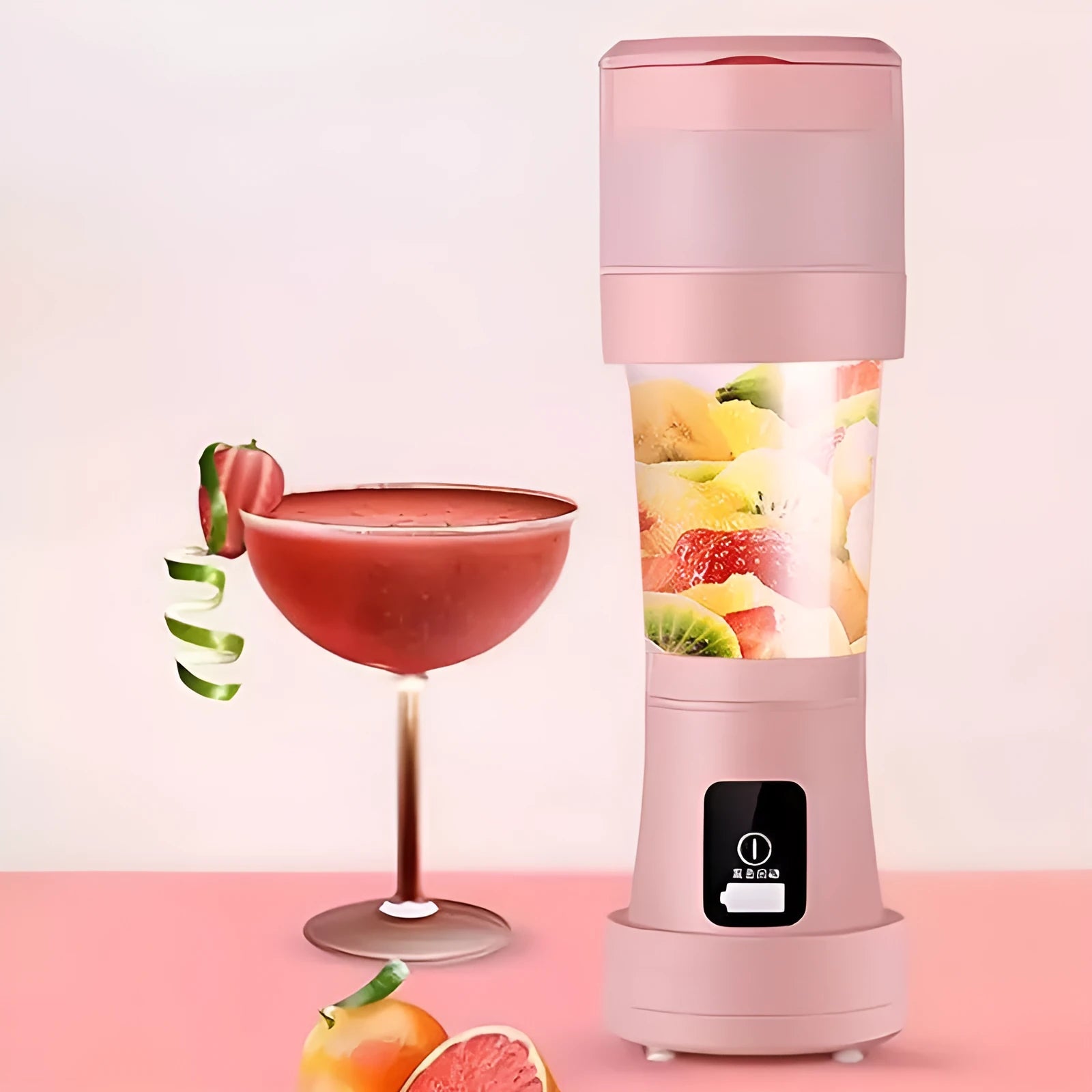 Blue portable blender with USB charging cable, shown folded and extended next to fruits.