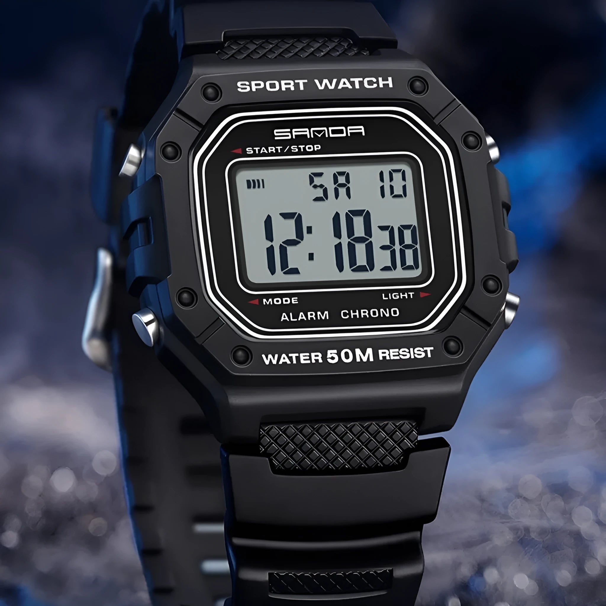Youth electronic waterproof watch with digital display shown in multiple colour variants.