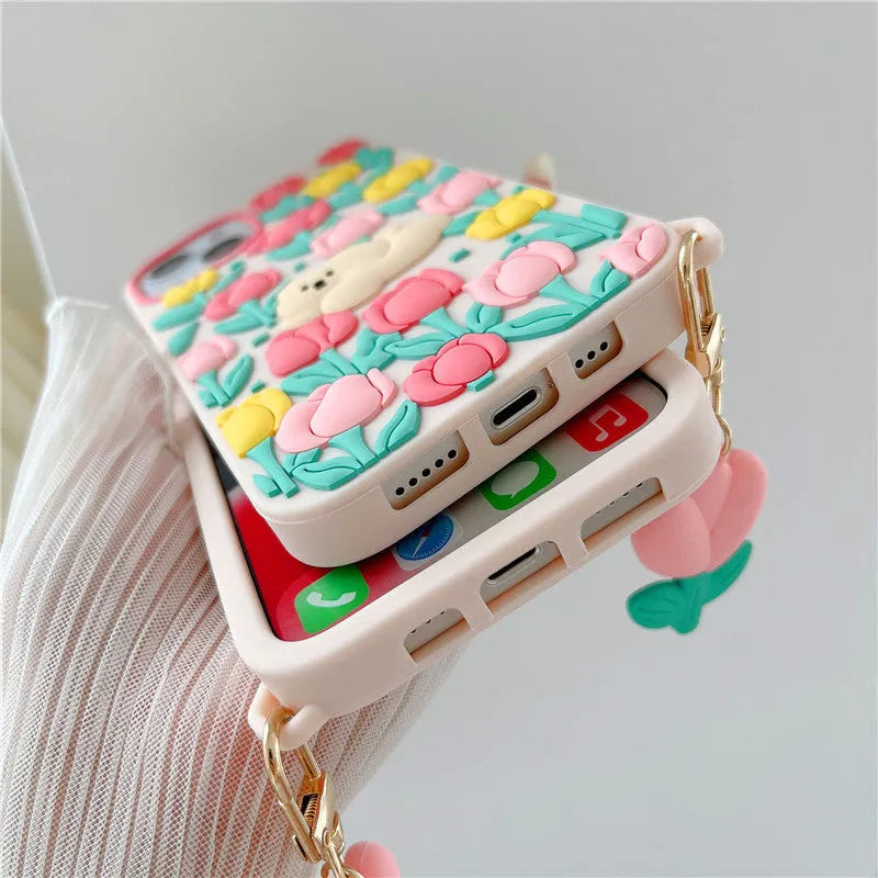 Creative cartoon little bear flowers silicone phone case with tulip pendant in pink for Apple iPhone