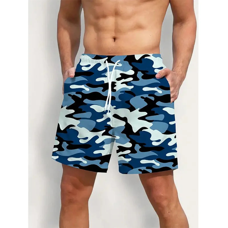 Men's polyester beach shorts with elastic waistband in various printed colours