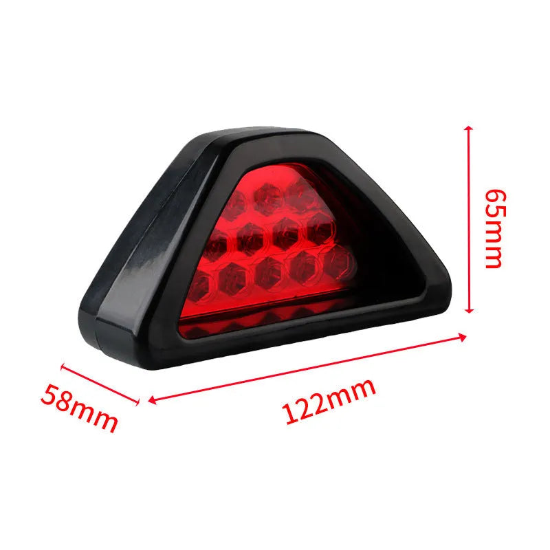 Universal triangular LED brake warning light for car and motorcycle in red, blue, green, white options.
