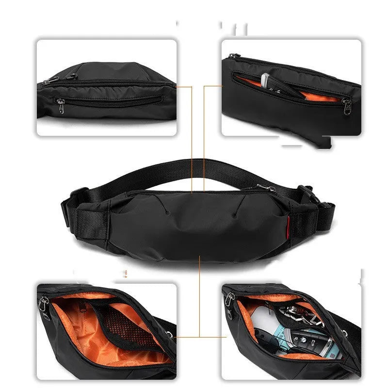 Black Oxford cloth crossbody waist pack with zip closure, shown with internal phone and ID pockets visible.