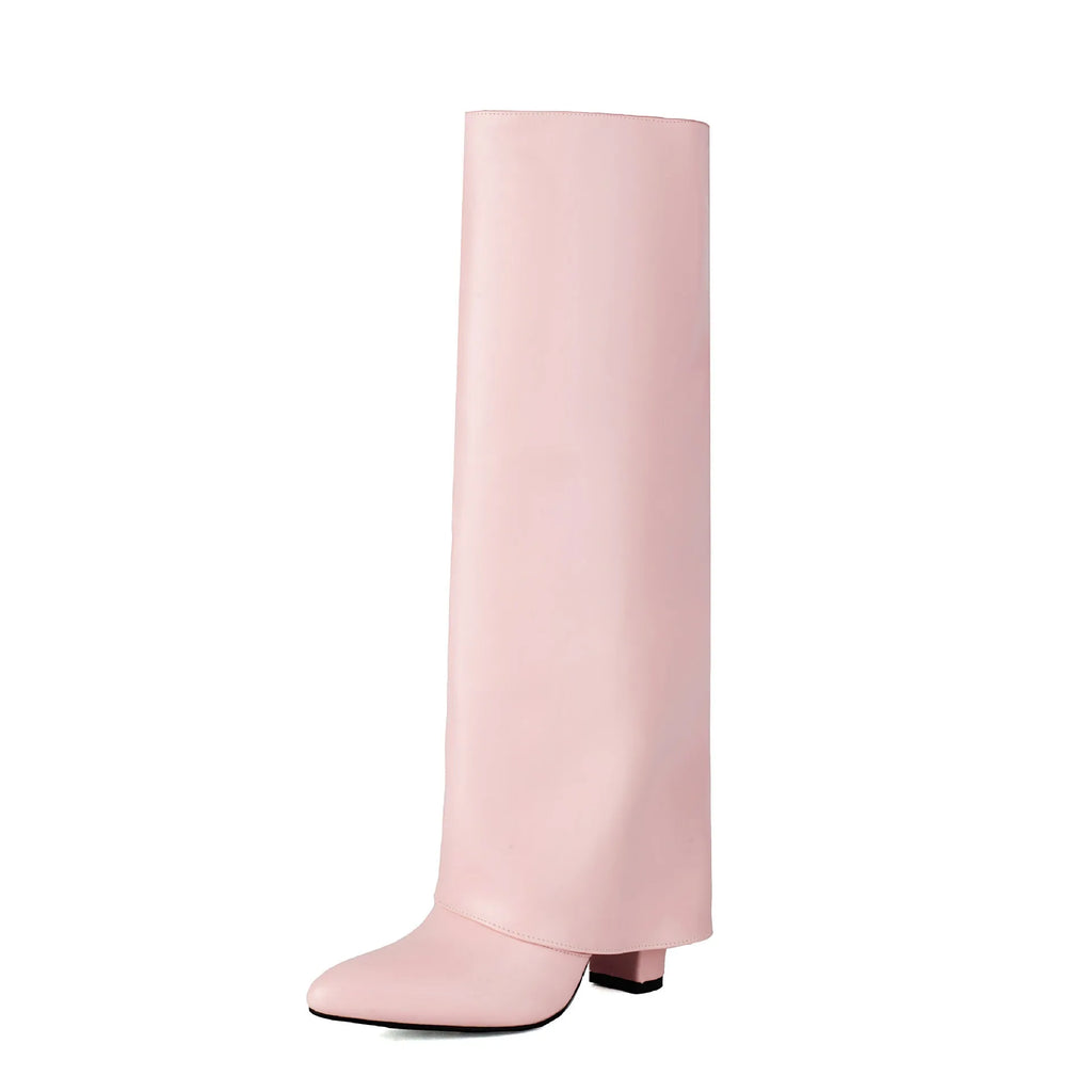 Women's plus size high heel boots in white colour with decorative sewing lines and thick heels