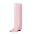 Women's plus size high heel boots in white colour with decorative sewing lines and thick heels
