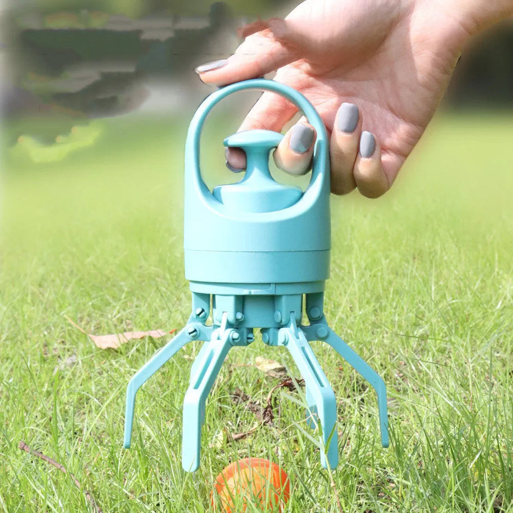 Blue portable dog pooper scooper with built-in bag dispenser and eight-claw shovel mechanism