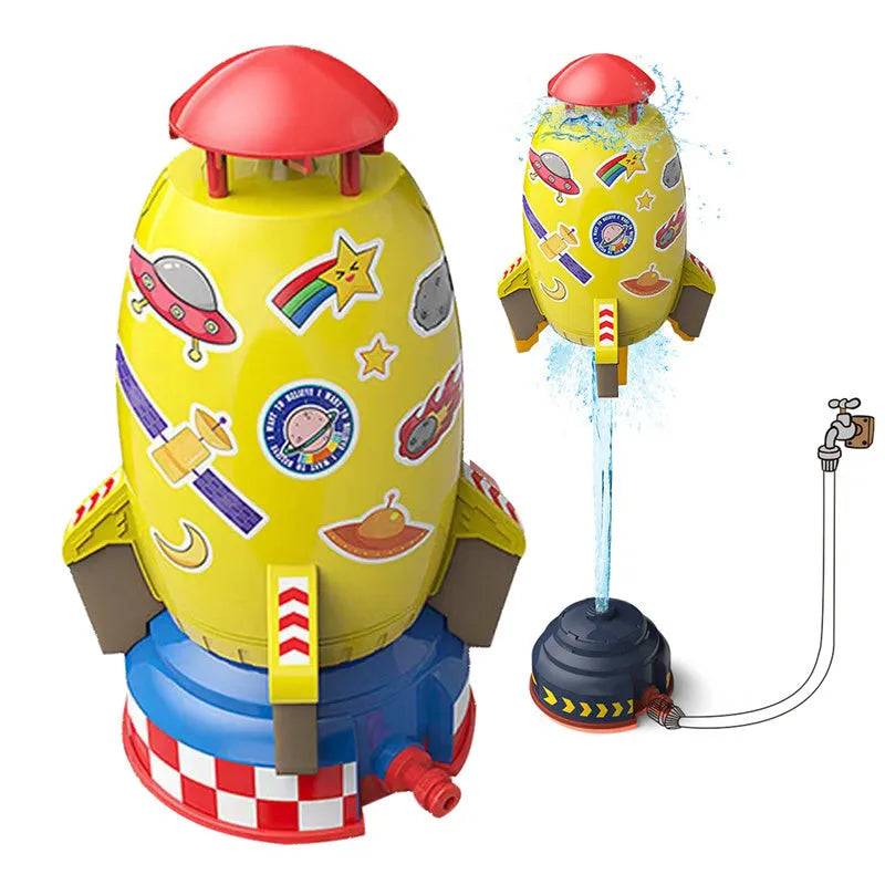 Outdoor water pressure rocket launcher toy with rotating sprinkler for children's garden play