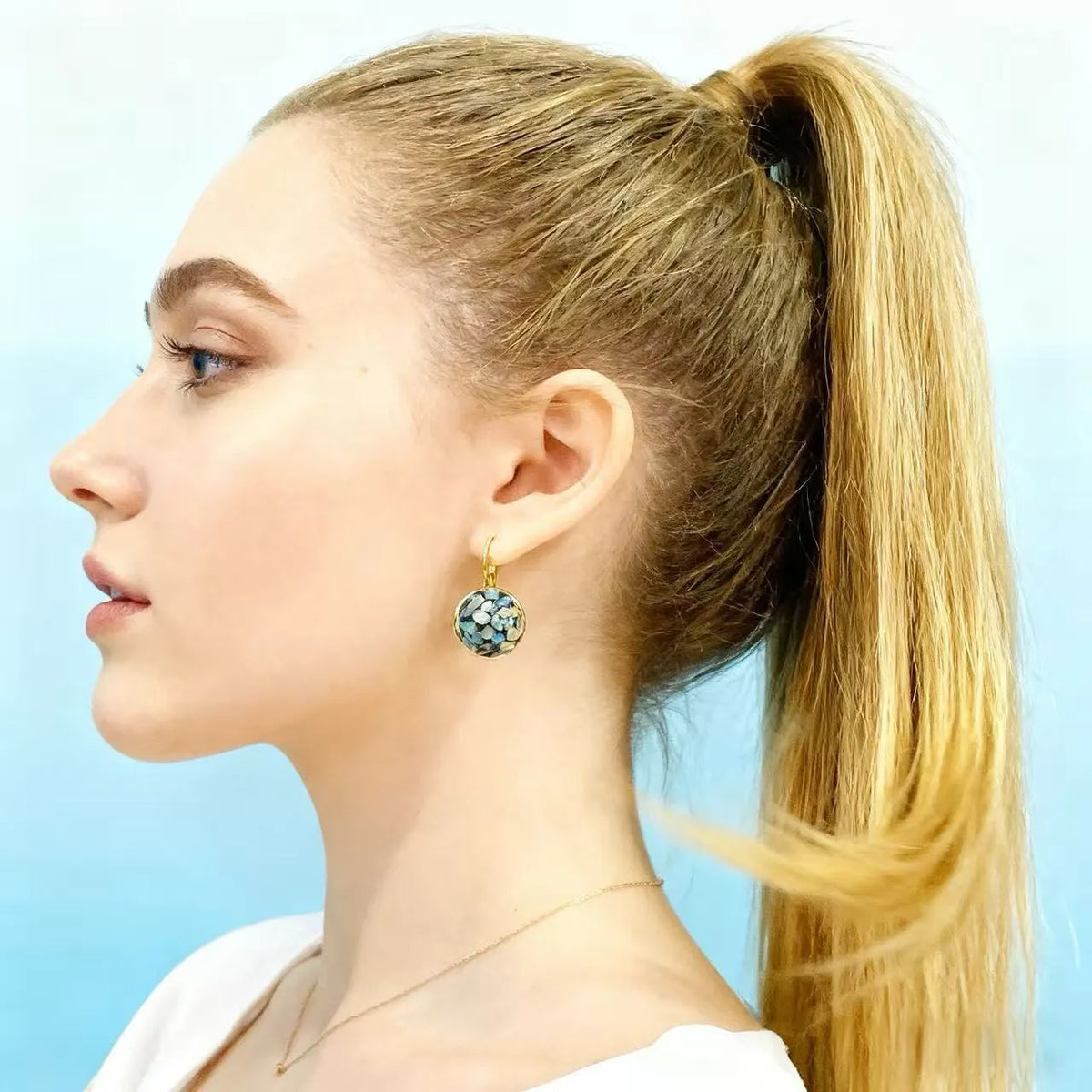 Handmade mother-of-pearl clip earrings for women with Chinese Fu character inlay, Chanel style, one pair