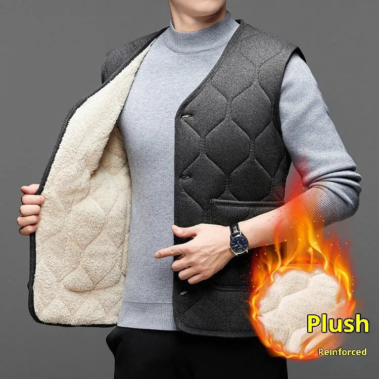 Men's fleece-lined cotton blend vest in black or grey, sleeveless cardigan style, sizes M to 4XL