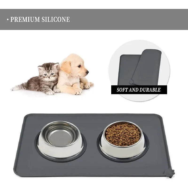 Silicone pet placemat under dog and cat food bowls in multiple colours and sizes