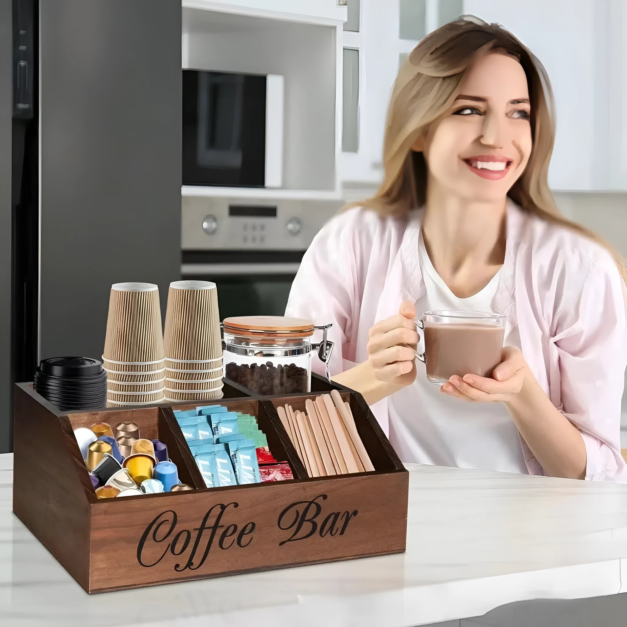 Wooden grid coffee pod storage box with compartments for remote control and stationery in black