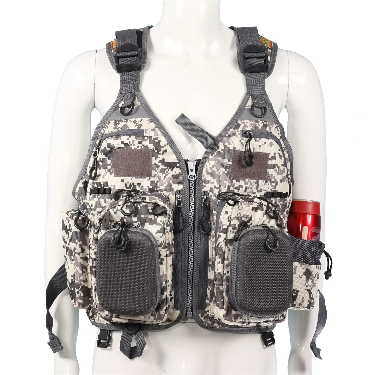 Grey adjustable fishing life jacket with multiple chest pockets and reflective shoulder strips.
