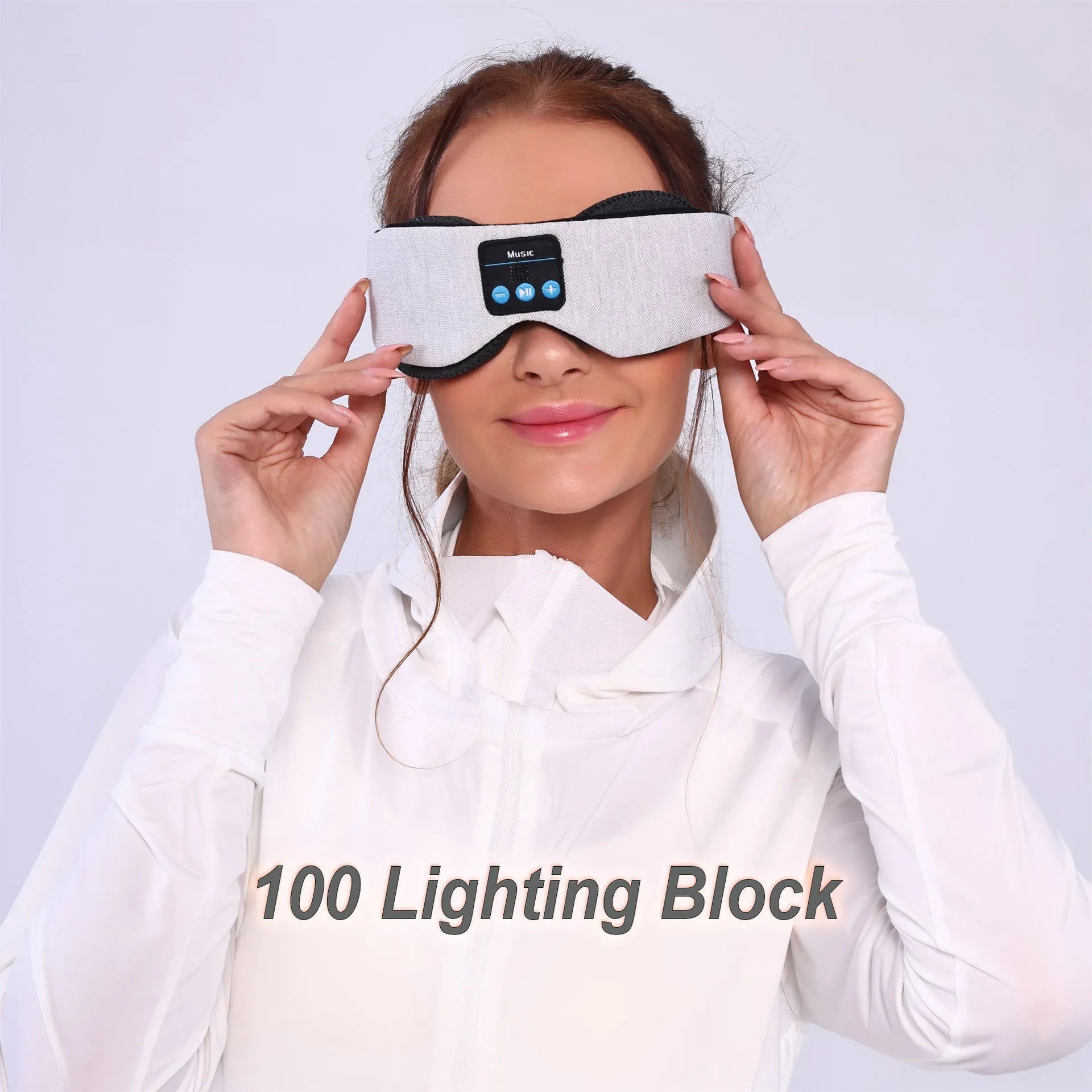 Grey outline Bluetooth sleeping eye mask with integrated wireless headphones for pressure-free music during sleep
