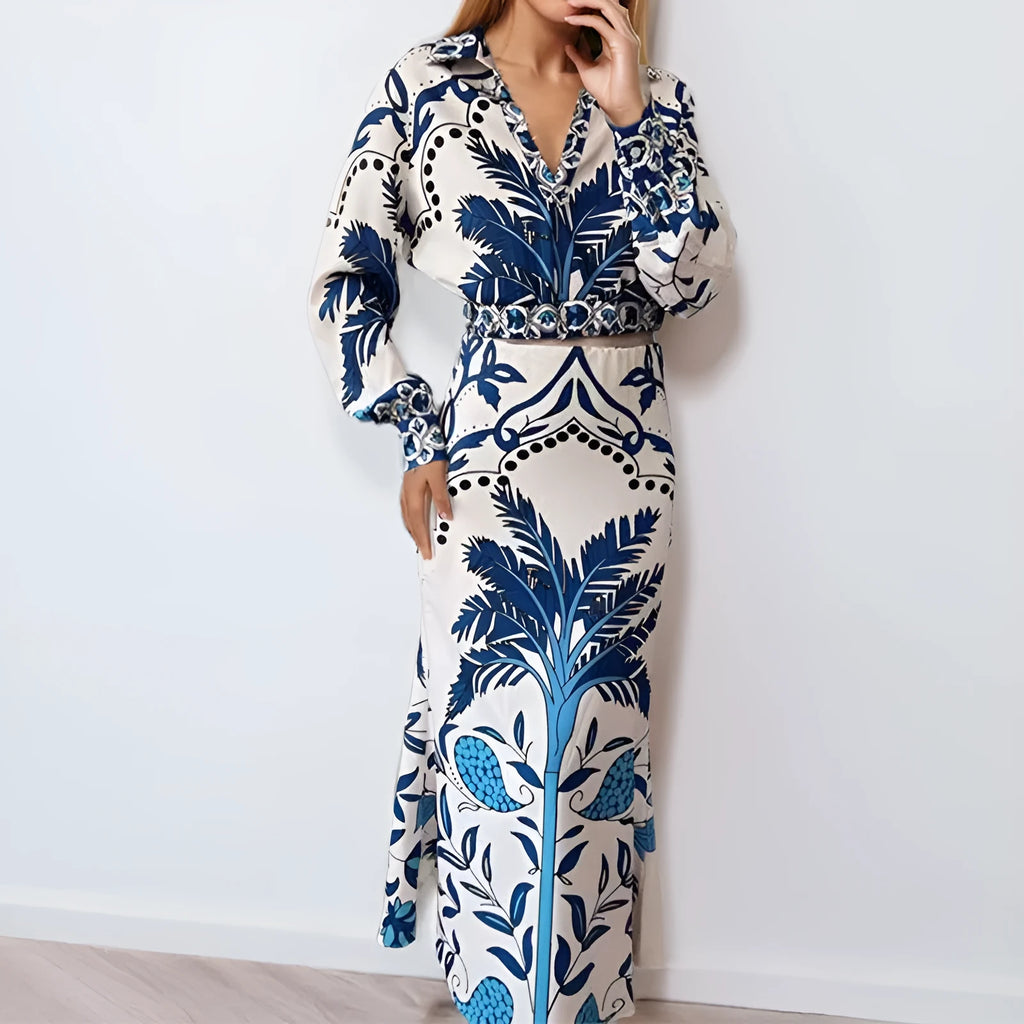 Women's long sleeve top and long skirt two-piece casual set in picture colour, loose fit.