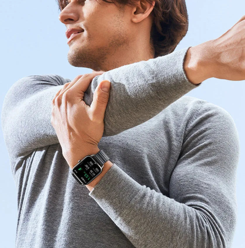 S4PLUS LS11 smartwatch in black on wrist showing workout stats on AMOLED screen