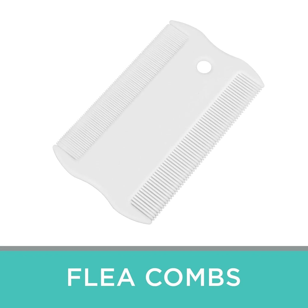Double-sided plastic flea comb for pets showing fine teeth and grate mouth designs on a white background.