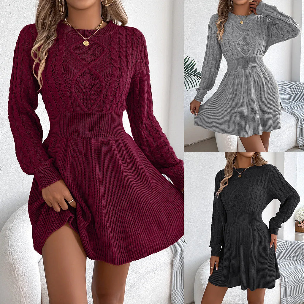 Black solid colour sweater dress with twist front, lantern sleeves, and elasticated waist