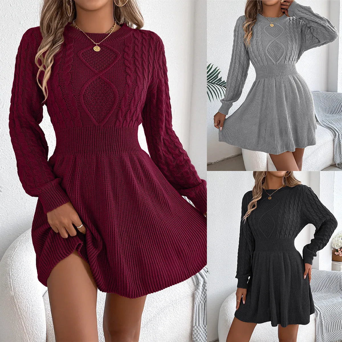 Black solid colour sweater dress with twist front, lantern sleeves, and elasticated waist