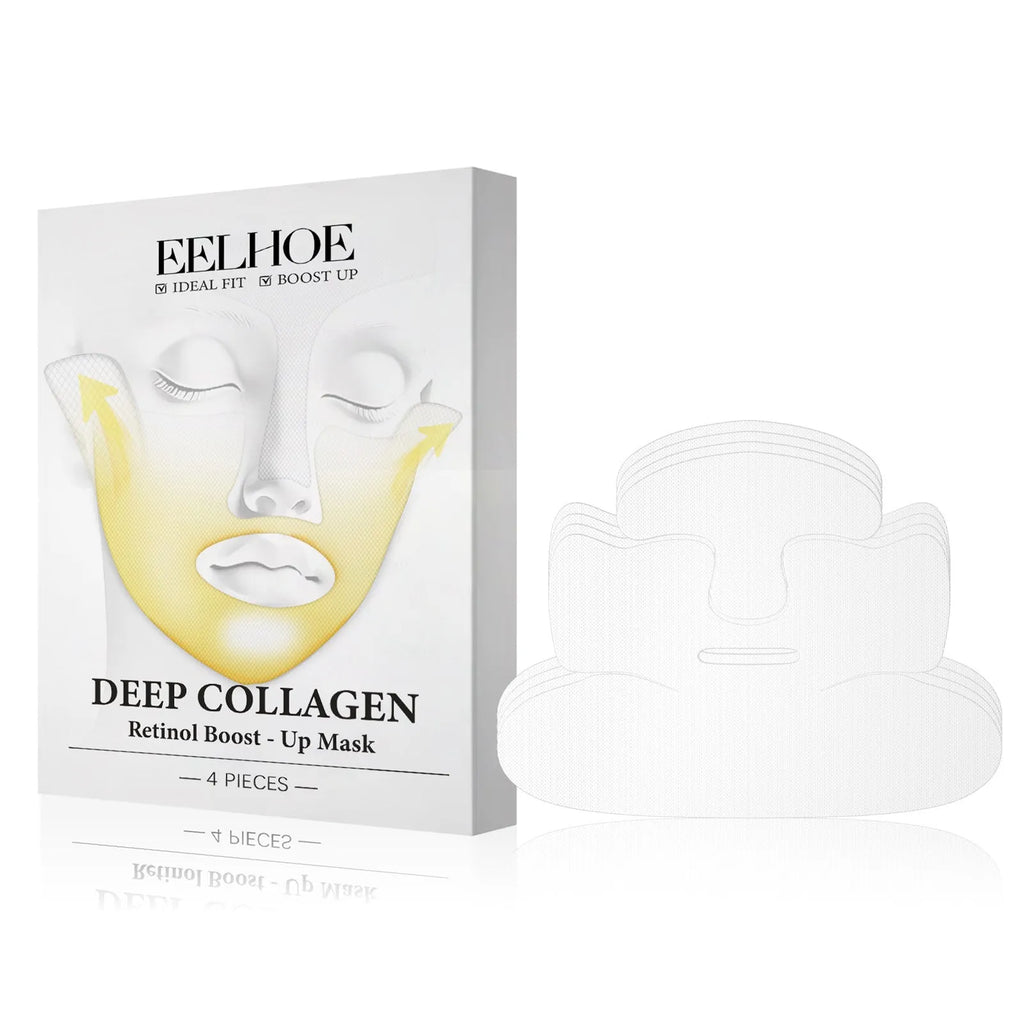Four collagen tightening facial masks each measuring 23.5cm by 16.8cm for skincare