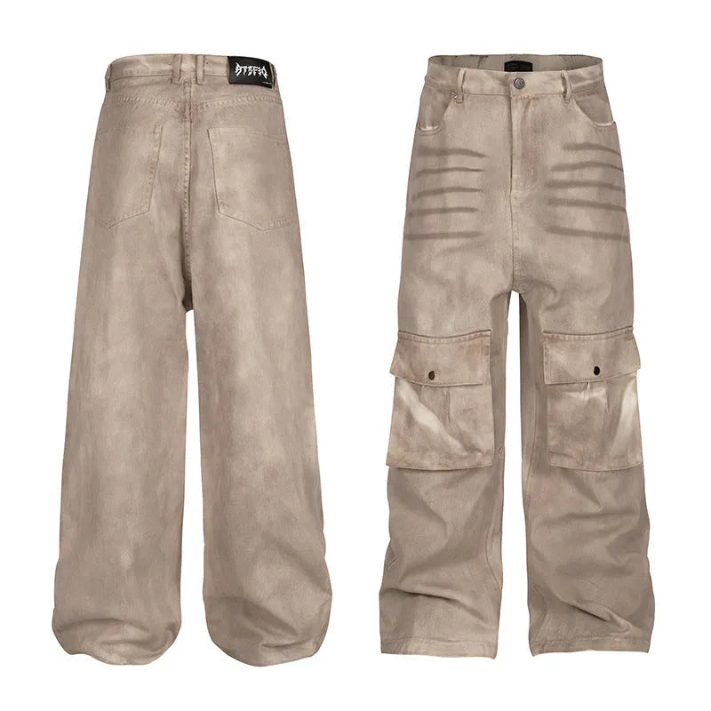 Marble dark straight loose A-line casual trousers in pure cotton denim fabric