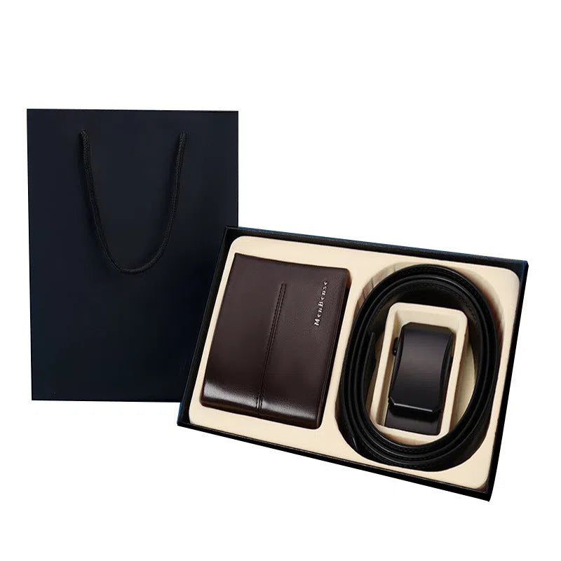 Men's genuine leather belt and wallet gift set with electroplated alloy automatic buckle in black black or black brown