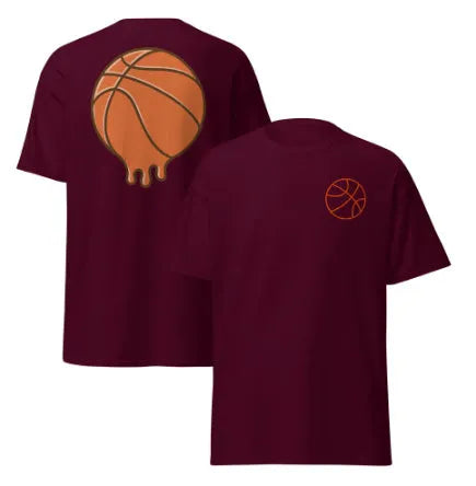 Men's short-sleeved maroon t-shirt with a white ball pattern print, made from thin polyester mesh fabric.