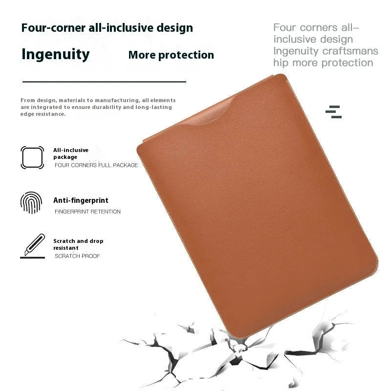 Set of four imitation leather lock-edge corner protectors for MacBook laptops in apricot colour.