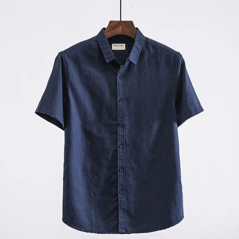 Men's square collar Japanese style cotton blend shirt in loose fit short sleeve design