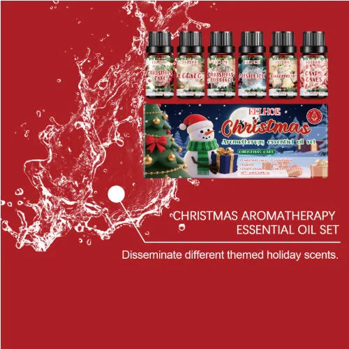 Christmas aromatherapy oil set showing six 10ml bottles with total 60ml volume for warm home fragrance