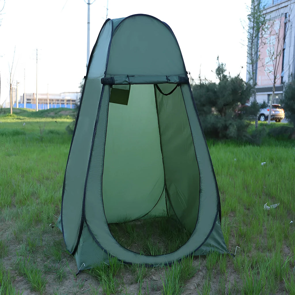 Blue fast opening outdoor camping changing and shower tent set up with wind ropes.