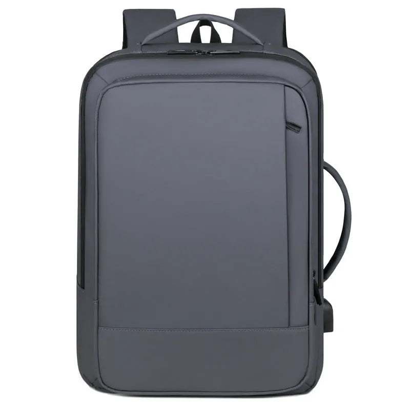 Men's large capacity waterproof backpack in black with curved shoulder straps and business styling