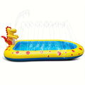 Blue dinosaur-shaped inflatable water spray pool with four spray holes in a garden setting