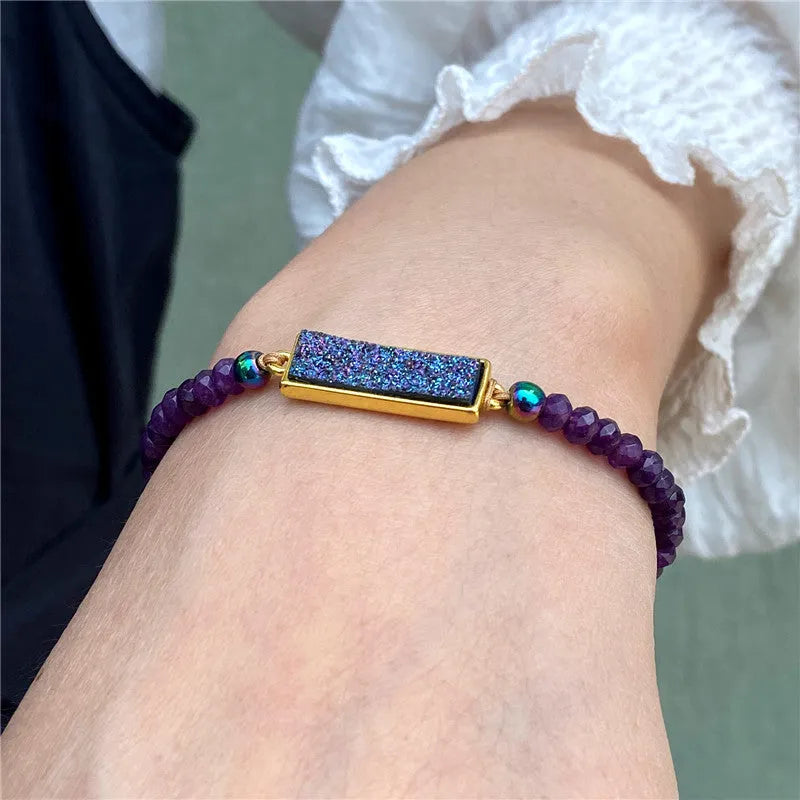 Natural stone woven bracelet with mixed shape agate beads and adjustable rope in dark grey, blue, amethyst, and white options