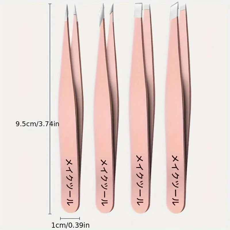 4-piece stainless steel eye tweezer set in silver and pink options for eyebrow grooming
