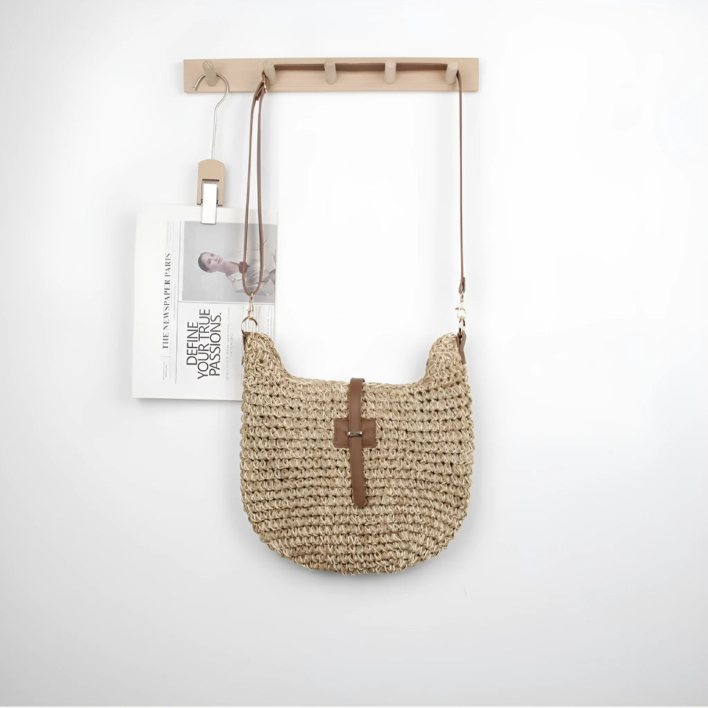 Handmade beige woven fashion bag with sandwich pocket and adjustable shoulder strap