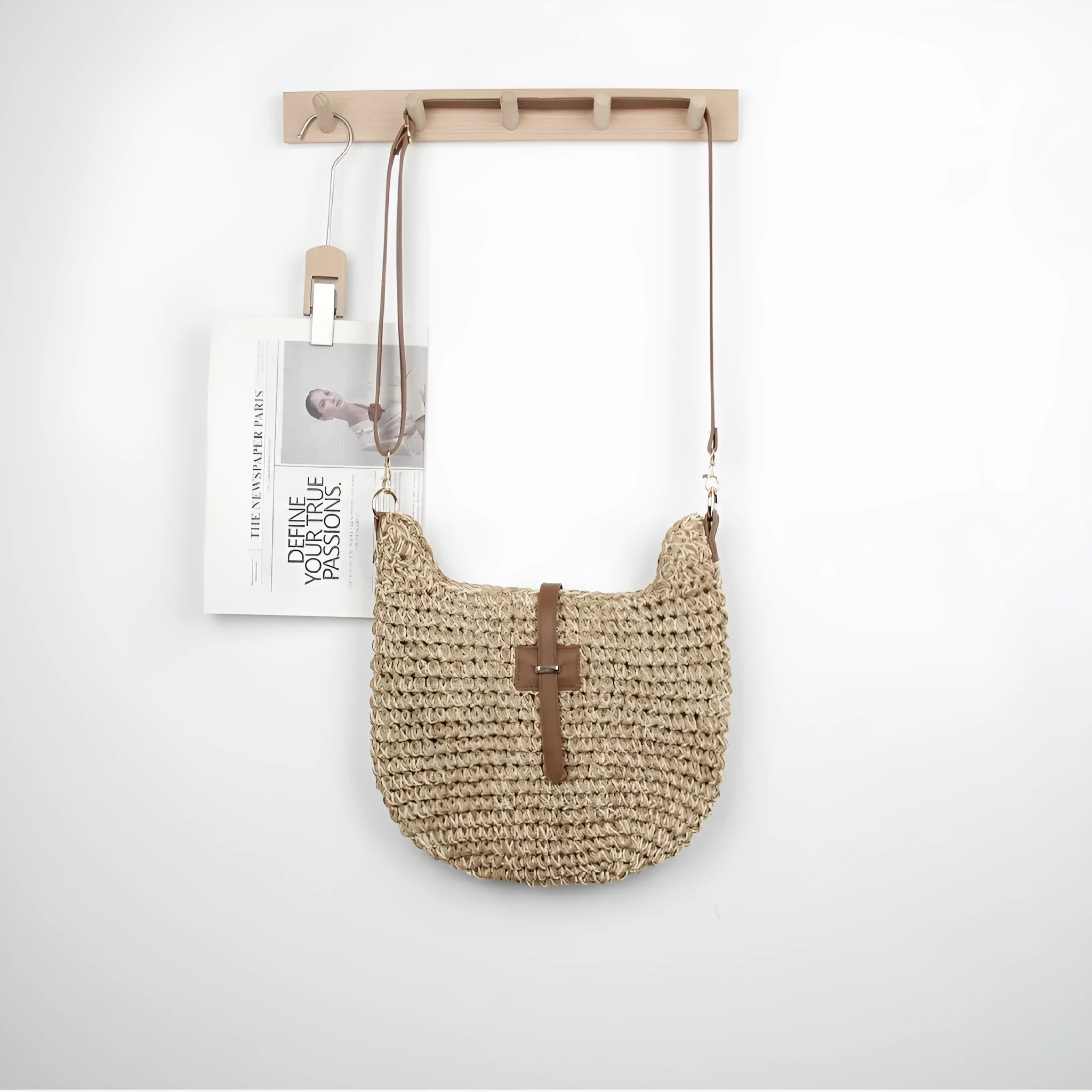 Handmade beige woven fashion bag with sandwich pocket and adjustable shoulder strap