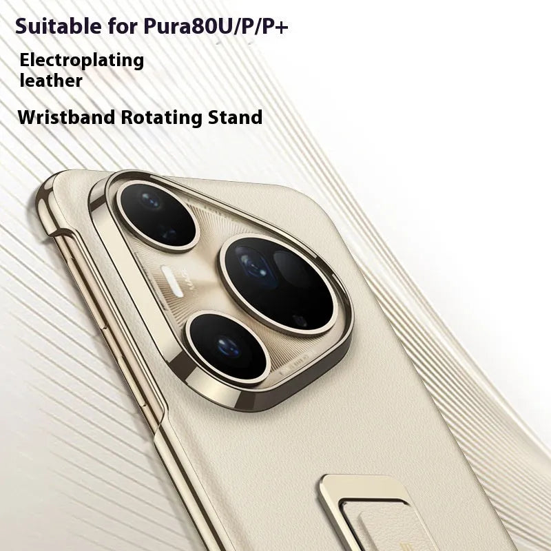 Huawei Pura80Ultra imitation leather phone case with gold wrist strap and rotating bracket in bright gold, master red, and black colour options