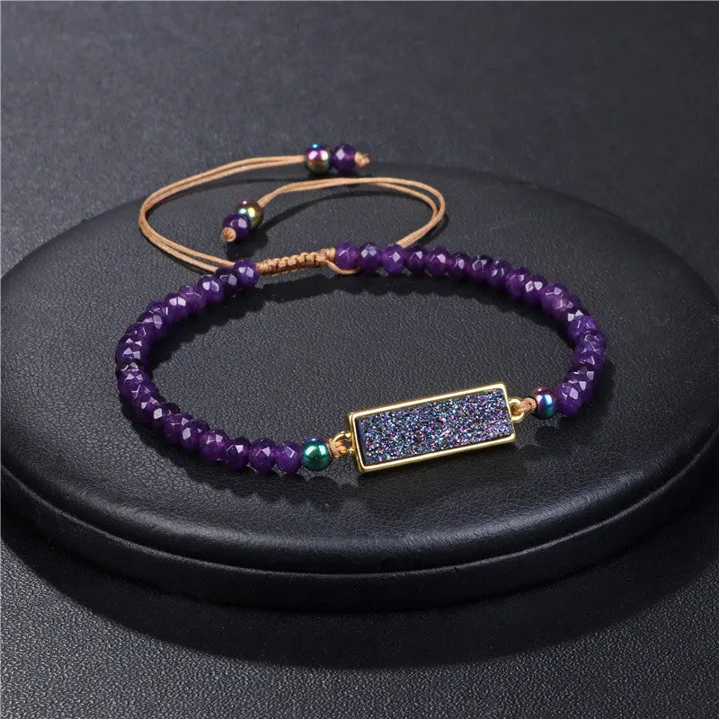 Natural stone woven bracelet with mixed shape agate beads and adjustable rope in dark grey, blue, amethyst, and white options