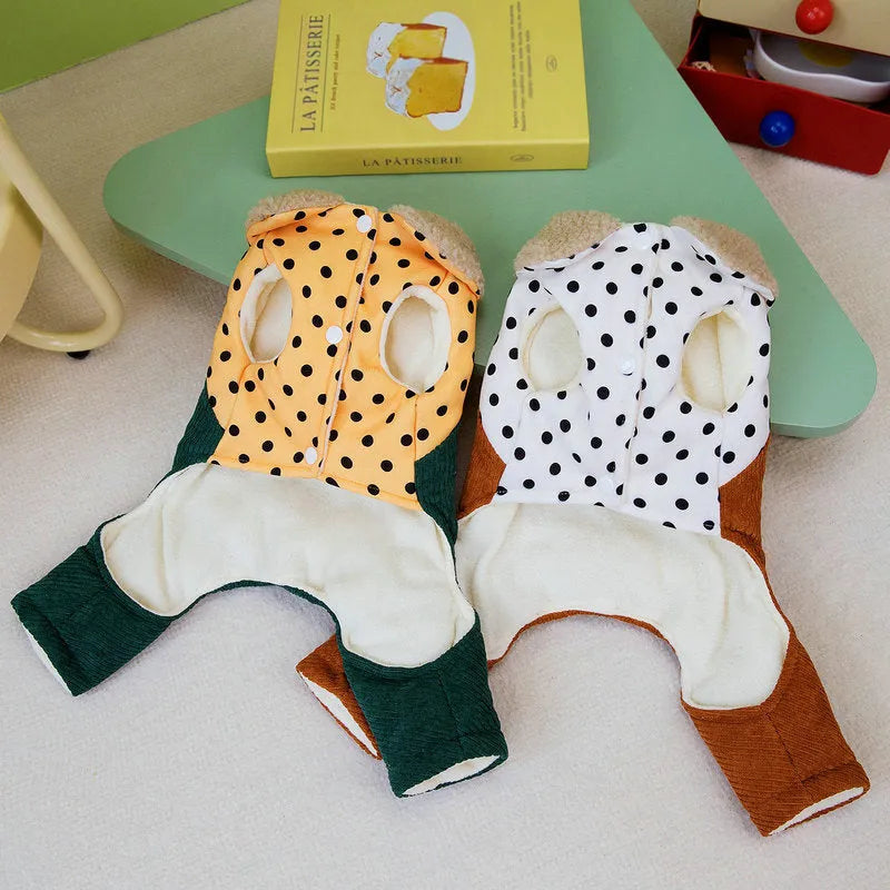 Brown four-legged polyester cotton-padded pet coat for dogs, autumn winter outdoor wear, side view