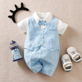 Baby boy in a wine red gentleman-style long-sleeved cotton jumpsuit.