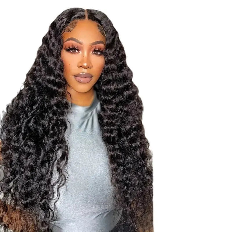 Black front lace synthetic wig with long curly hair and side bangs on display