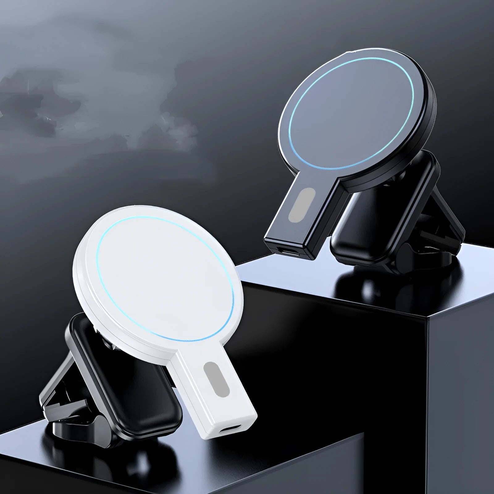 White and black magnetic wireless charger for mobile phones on a desk, showing compact size.