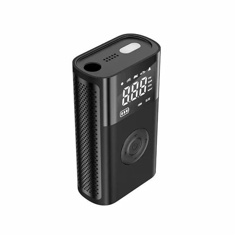 Black handheld digital car tyre pump with LED display and attached air hose, alongside bicycle and ball nozzles.