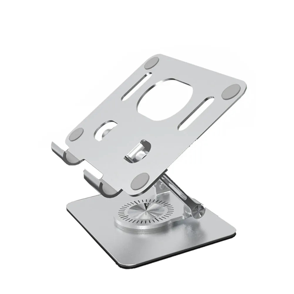 Rotating aluminium tablet stand extended to maximum height with tablet in portrait orientation