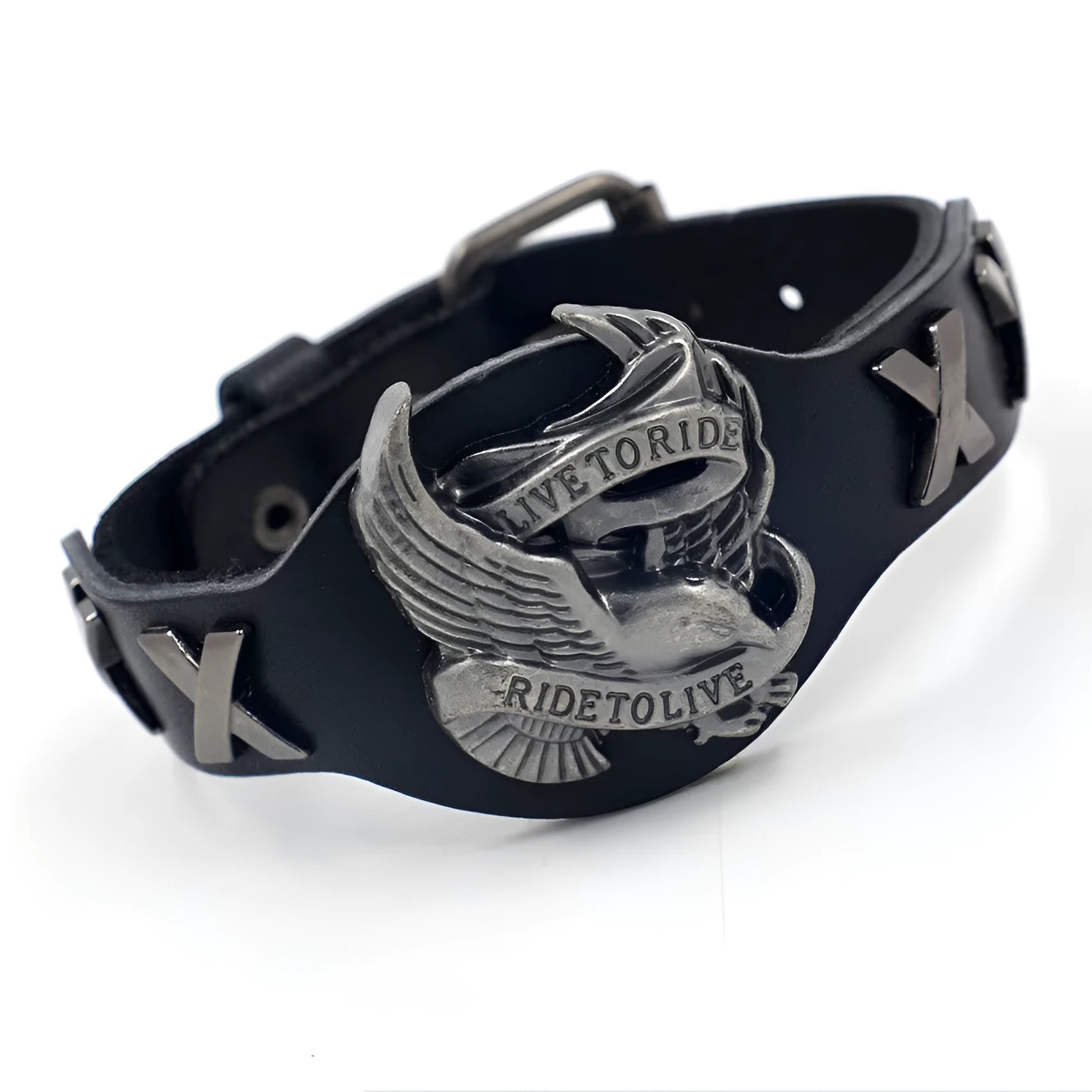 Black leather geometric bracelet with an eagle watch clasp, showing tapered width.