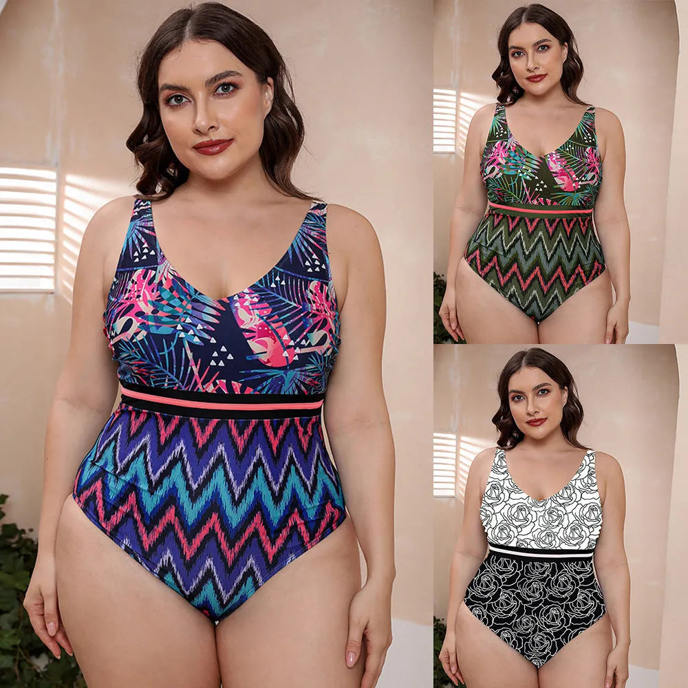 Women's blue printed one-piece swimsuit with spaghetti straps and a striped vest design.