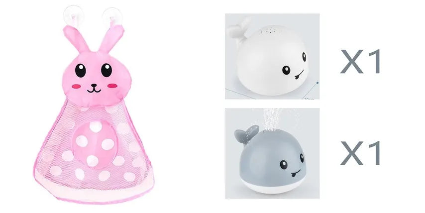 Whale-shaped electric bath toy spraying water with flashing lights, floating in baby bathtub