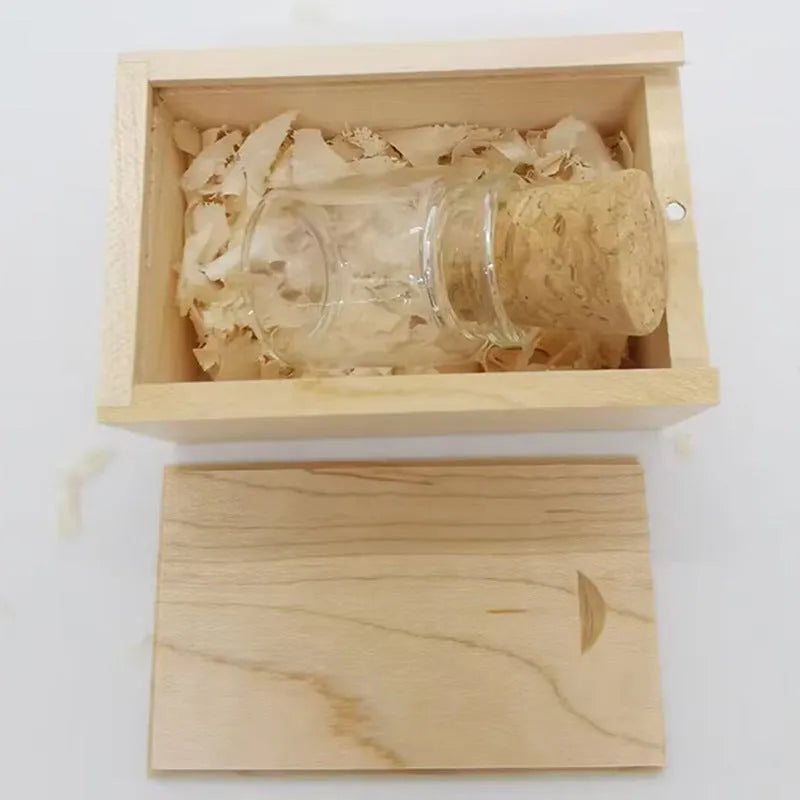 Transparent drift bottle shaped USB flash drive with a wooden cap, showing product dimensions.