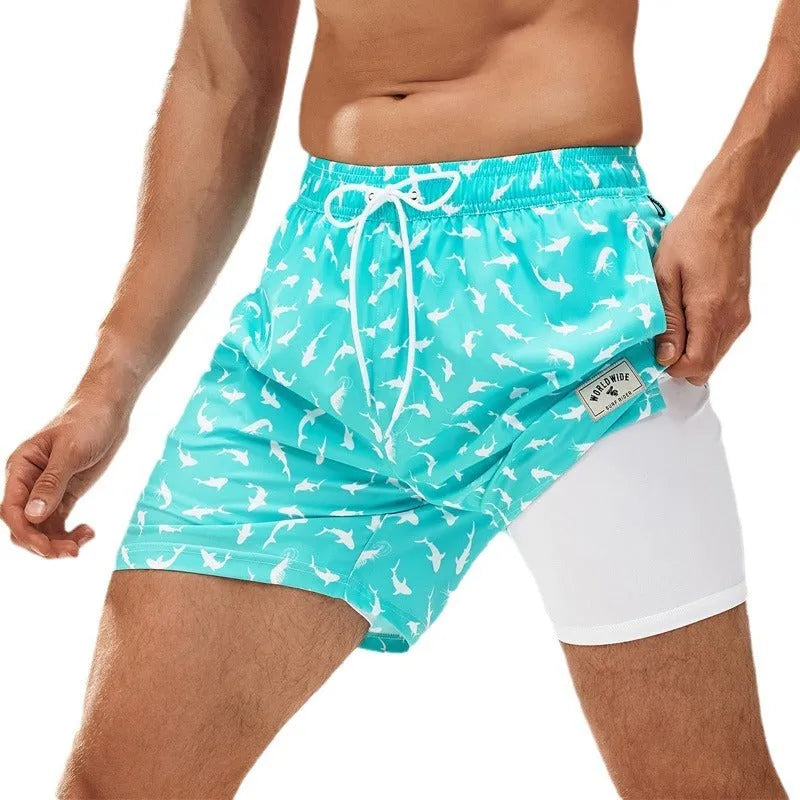 Men's loose fit swimming trunks in blue pinstripe pattern with boxer style cut and elastic waistband