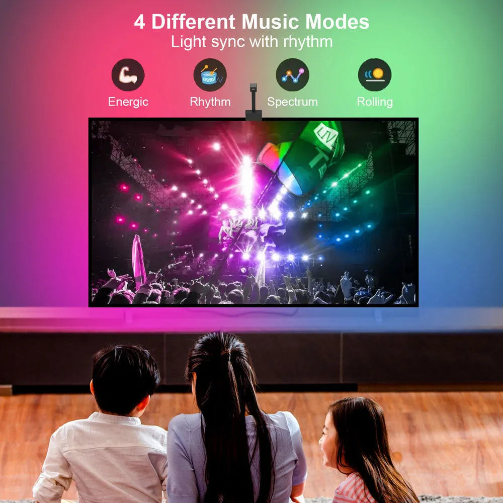 Black TV backlight strip with camera unit for screen colour synchronisation