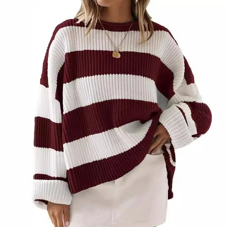 Women's striped loose sweater with bell sleeves and crocheted flower details in viscose fibre.